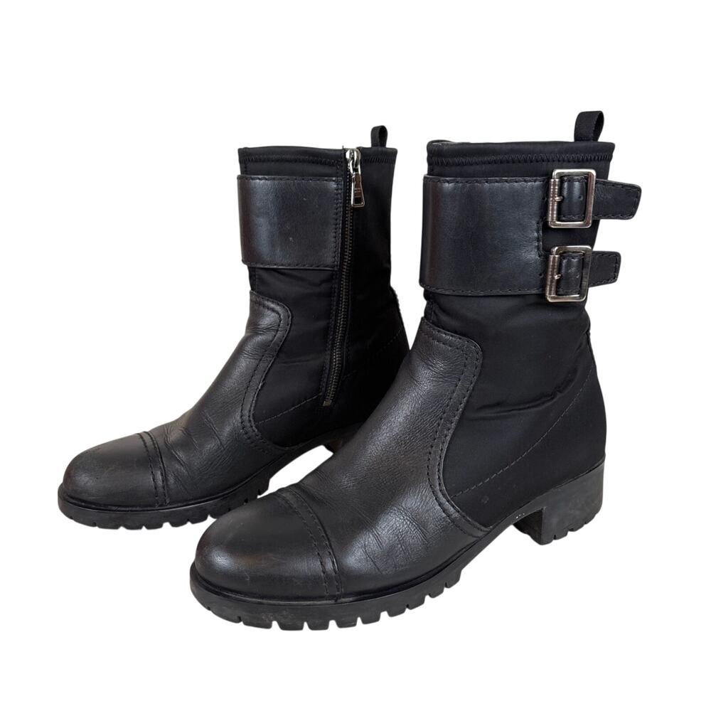 Prada 10 Black Leather Biker Moto Boots Mid Calf Buckle Zip Designer Luxe